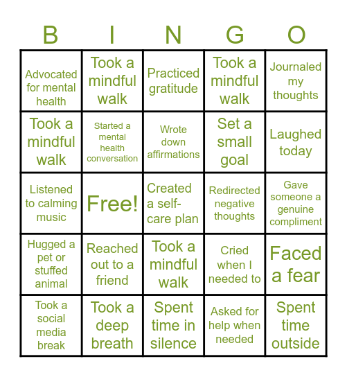 🎉 Mental Health Awareness Bingo Card