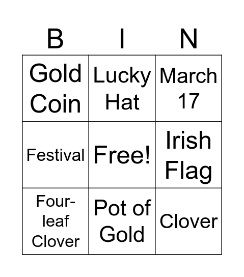 St Patricks Day Bingo Card