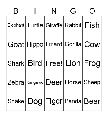 Animal Bingo Card