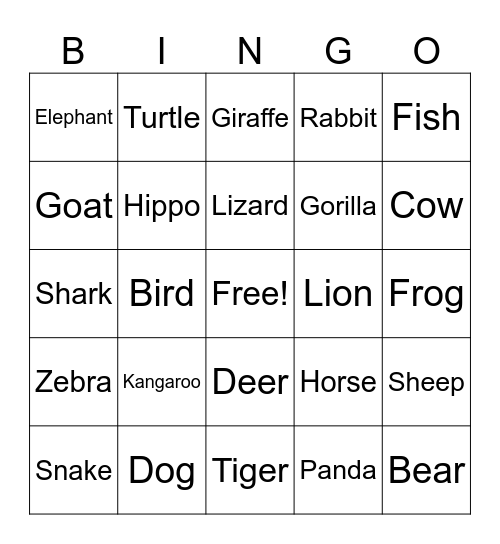 Animal Bingo Card