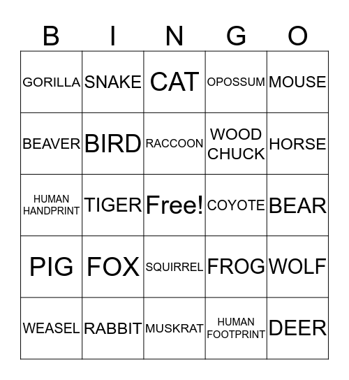 ANIMAL TRACKS Bingo Card