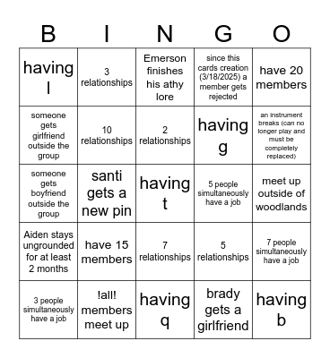 The limo card Bingo Card