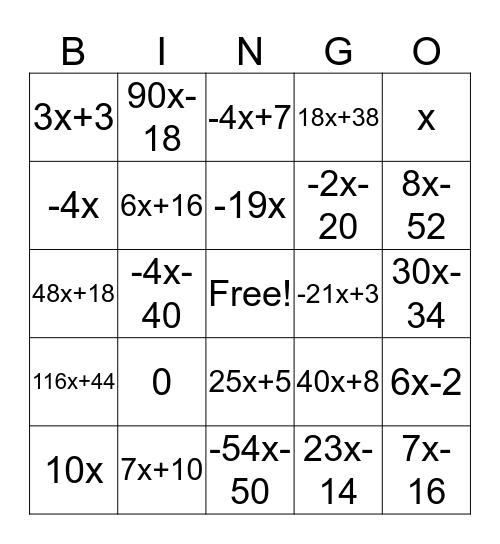 Distributive and combining like terms Bingo Card