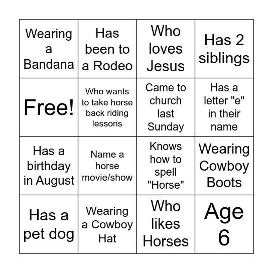 Cowboy Bingo Card