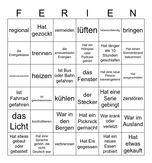 Ferien-Bingo Card