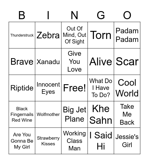 Aussie Hits - Music Bingo Card