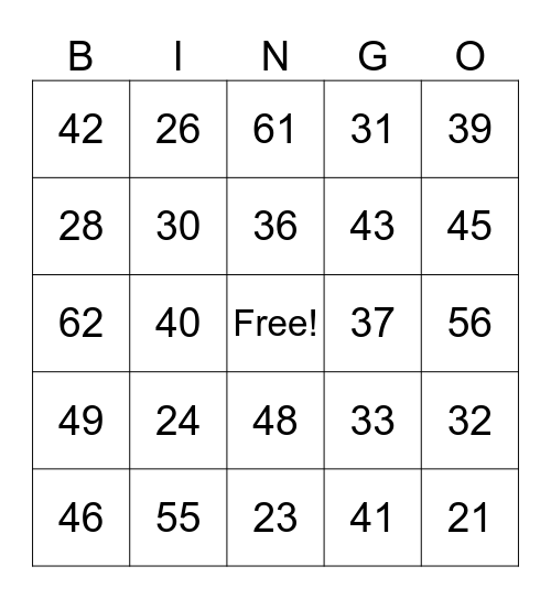Die Zahlen 20 - 65 Bingo Card
