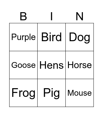 Animal Bingo Card
