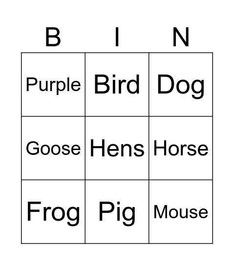 Animal Bingo Card