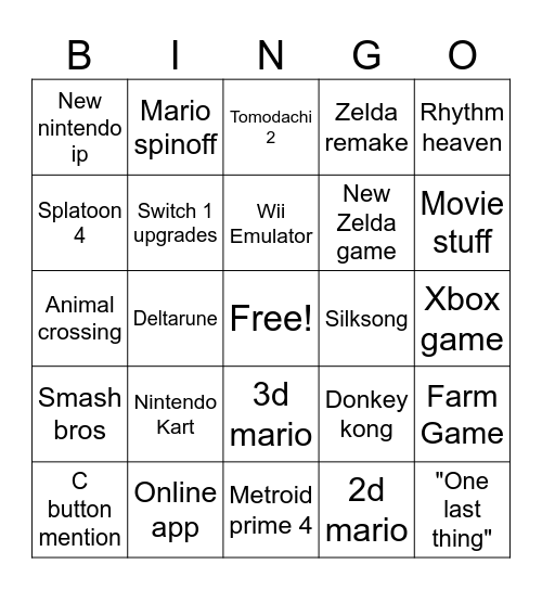 Nintendo direct Bingo Card
