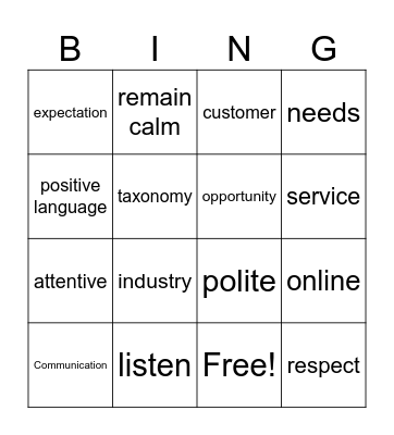 Customer Services Bingo Card