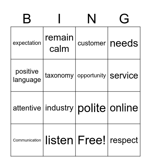 Customer Services Bingo Card