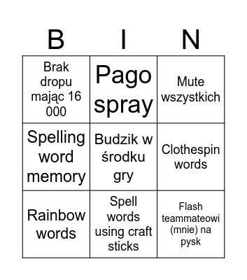 Spelling Bingo Card