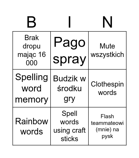 Spelling Bingo Card