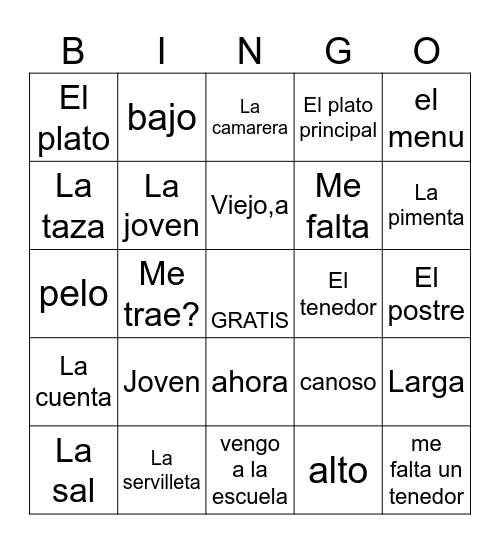 Realidades 1 5B Bingo Card