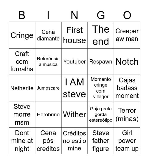 Minecraft filme Bingo Card