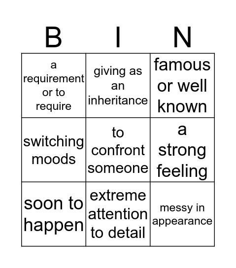 Vocabulary Bingo Card