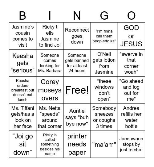 Working Girls Bingo Card