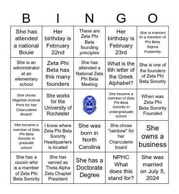Zeta Phi Beta Sorority, Incorporated Bingo Card