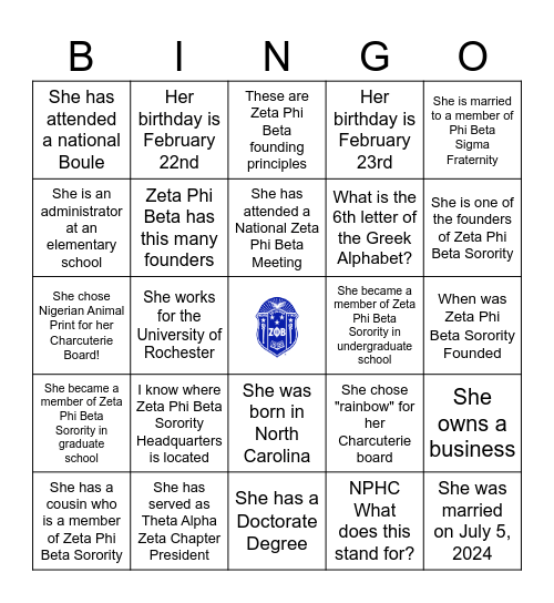 Zeta Phi Beta Sorority, Incorporated Bingo Card