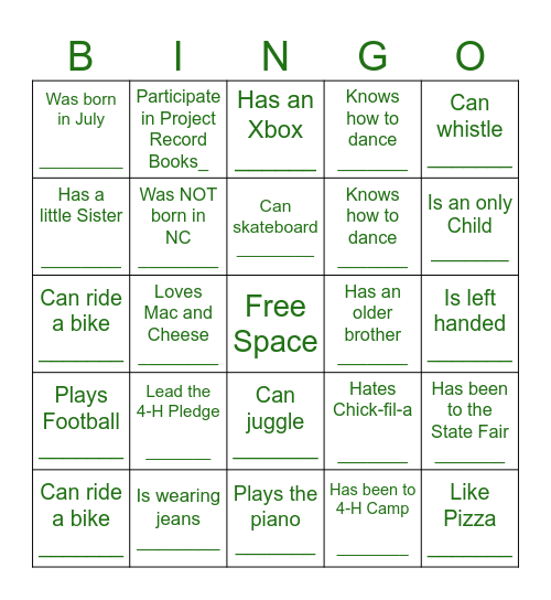 YOUTH HUMAN BINGO Card