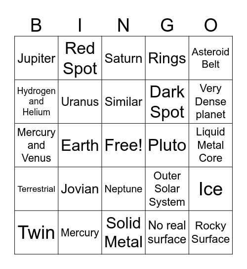 Jovian vs Terrestrial Bingo Card