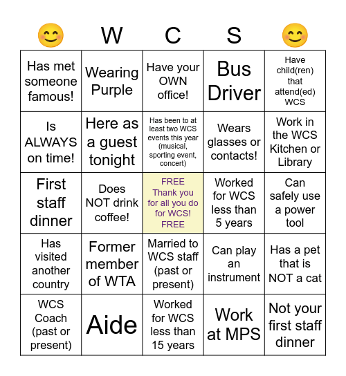 WCS BINGO! Bingo Card