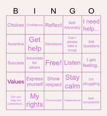 Self-Advocacy BINGO Card