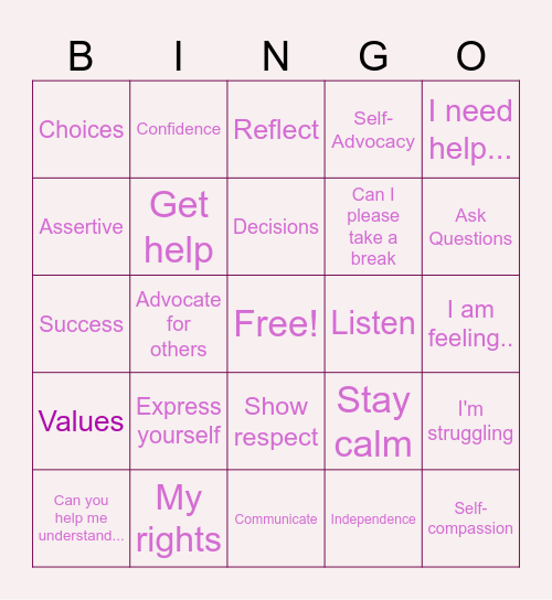 Self-Advocacy BINGO Card