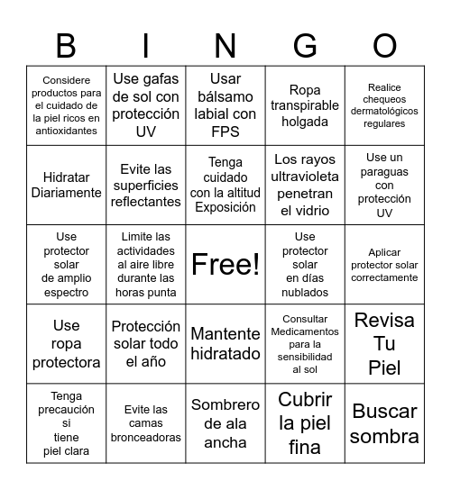 Protección Solar Bingo Card