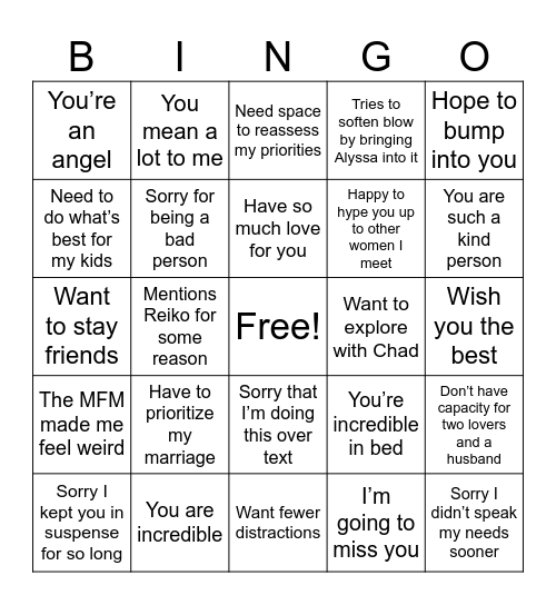 Dani Breakup Bingo Card