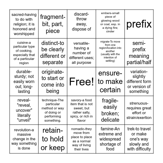 Cooking Around the World Bingo Card