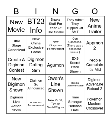 Digimon Con Bingo Card