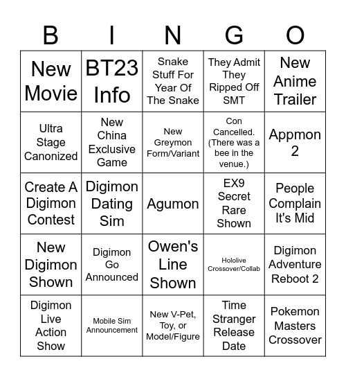 Digimon Con Bingo Card