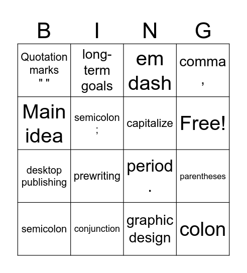 Writing Mechanics and Grammar Ch. 5 Bingo Card