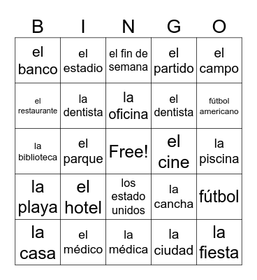 Chapter 5- Lugares en la ciudad (Spanish) Bingo Card