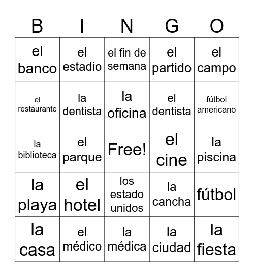 Chapter 5- Lugares en la ciudad (Spanish) Bingo Card