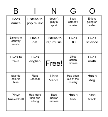 Friendship Bingo Card