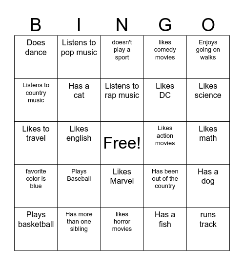 Friendship Bingo Card