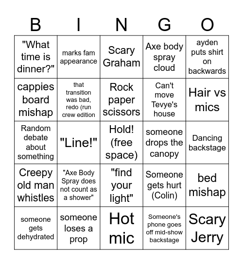 Fiddler on the Roof RDP Tech Week Bingo Card