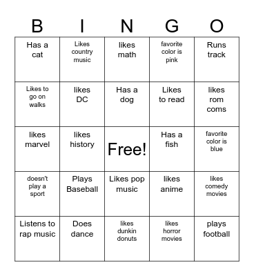 Friendship Bingo Card