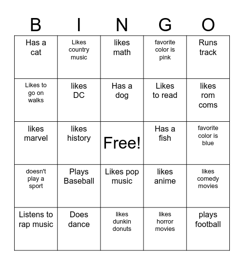 Friendship Bingo Card