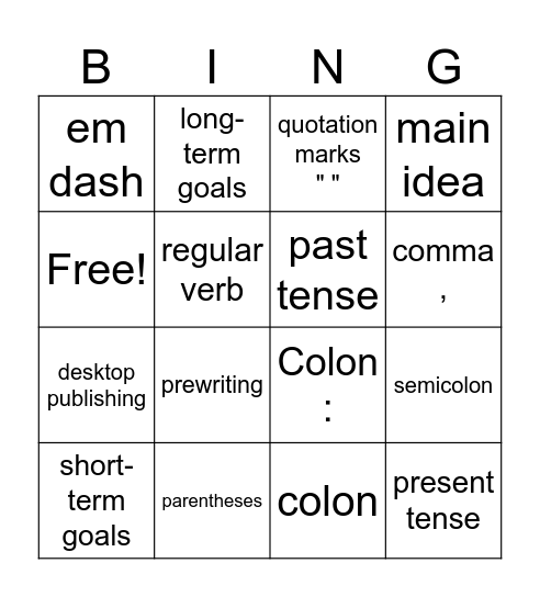 Writing Mechanics and Grammar Ch. 5 Bingo Card