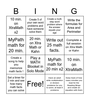 Spring Break Math Bingo Card