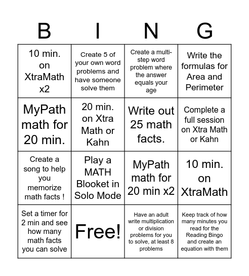 Spring Break Math Bingo Card