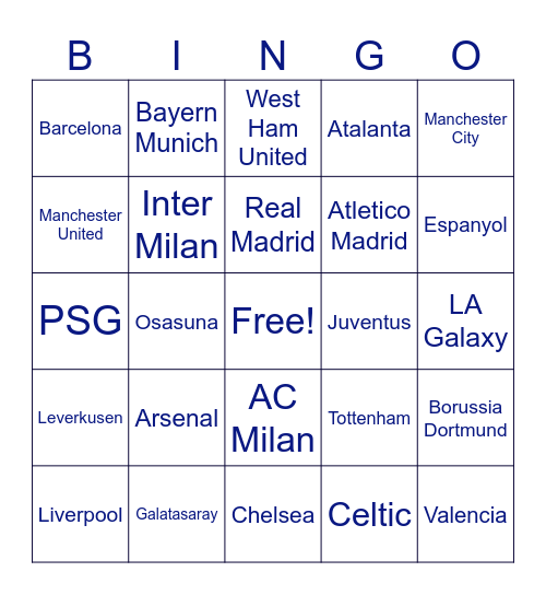 Soccer Bingo Card
