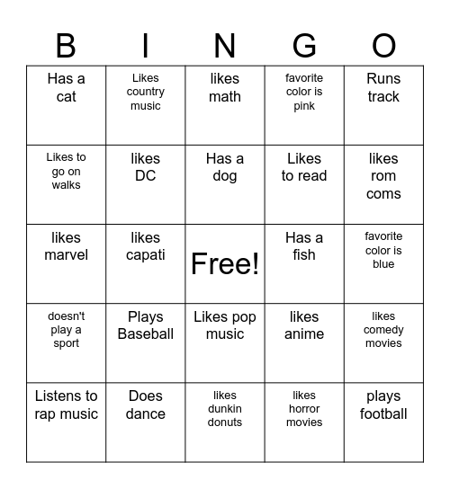 Friendship Bingo Card