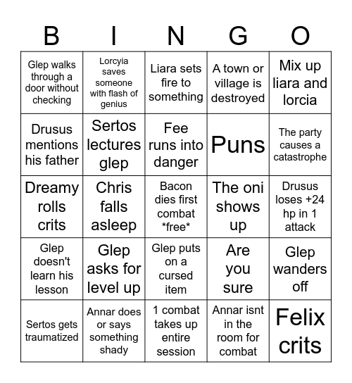 Dreamer campagin Bingo Card