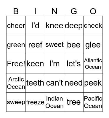 Vowel Digraph ee Bingo Card