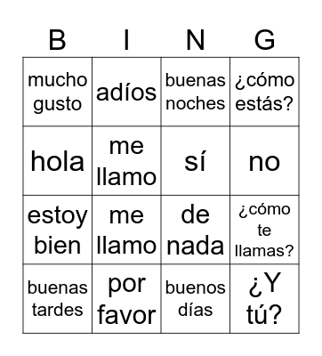 Spanish Greetings Bingo Card